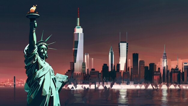 Posąg Wolności i panorama Nowego Jorku przy zachodzie słońca w Stanach Zjednoczonych