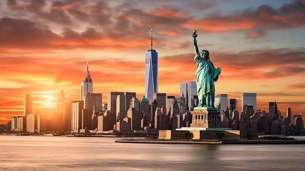 Posąg Wolności i panorama Nowego Jorku przy zachodzie słońca