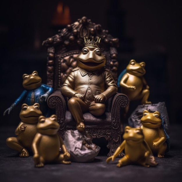 Zdjęcie posąg żaby siedzącej na tronie otoczonej żabami generatywny ai obraz