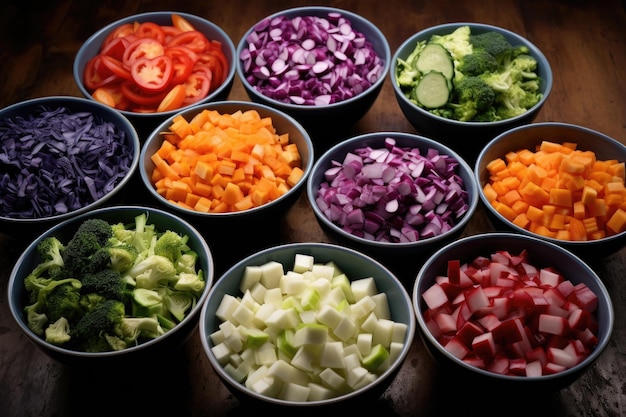 Posiekane warzywa w kolorowych miseczkach