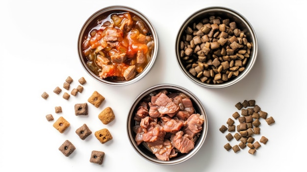 Posiłek dla psów lub kotów Mięso w puszkach z sosem i suchymi potrawami izolowanymi na białym tle