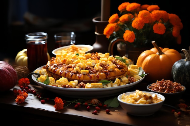 Posiłek na Święto Dziękczynienia z pomarańczami z dyni lub pieczonym kurczakiem w piekarniku Jedzenie na Święto Dziękczynienia
