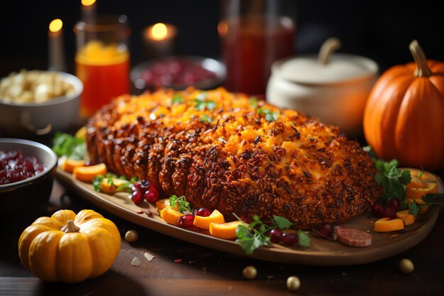 Posiłek na Święto Dziękczynienia z pomarańczami z dyni lub pieczonym kurczakiem w piekarniku Jedzenie na Święto Dziękczynienia