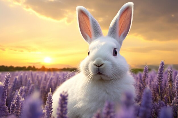 Pośród lawendowego pola dziwaczny biały królik cieszy się czarującym blaskem złotego zachodu słońca przywołującego magię Wielkanocną