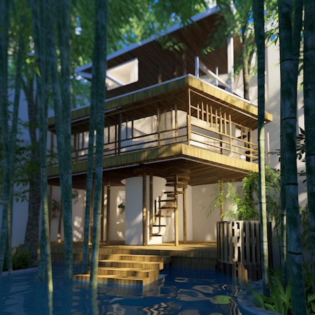 Pośrodku generatywnego lasu bambusowego znajduje się mały dom