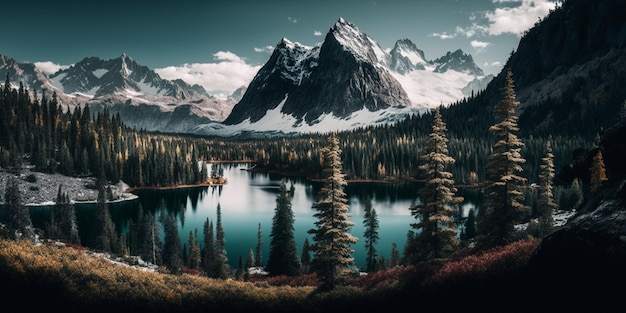 Zdjęcie pośrodku góry znajduje się jezioro z pasmem górskim w tle generatywne ai