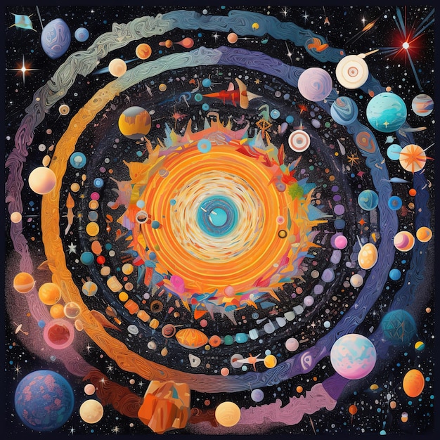 Zdjęcie pośrodku kolorowy obraz przedstawiający planety i słońce.