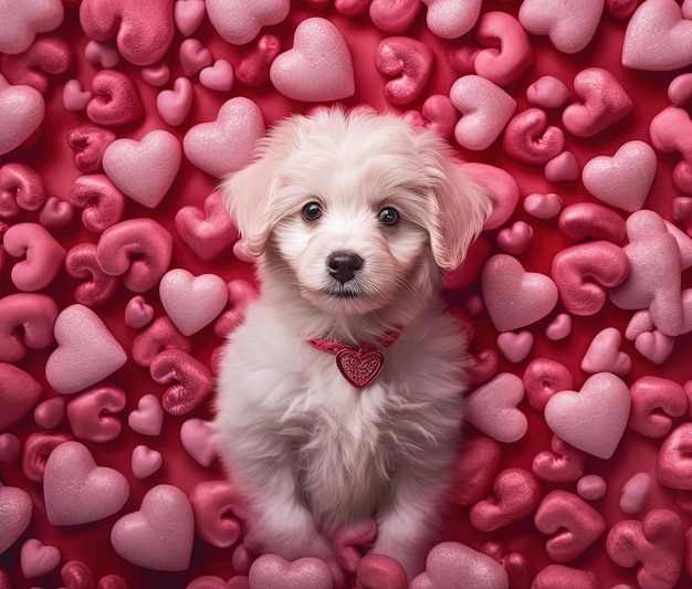 pośrodku różowych serc z psim dowcipnym szczeniakiem