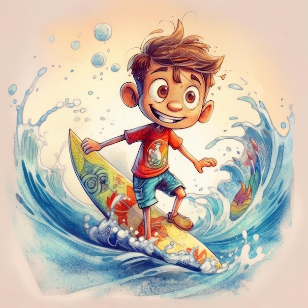 Postać 3D przedstawiająca chłopca surfującego po wodzie generatywnego obrazu ilustracyjnego AI