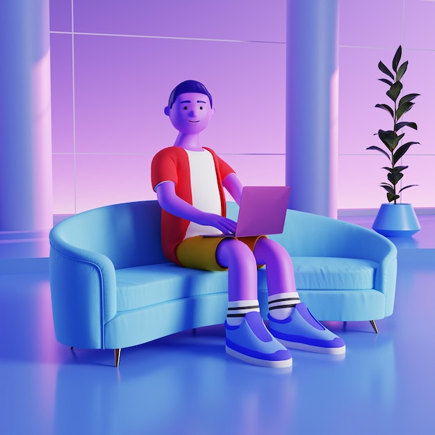 Zdjęcie postać 3d siedząca na kanapie z notatnikiem przed abstrakcyjnym krajobrazem