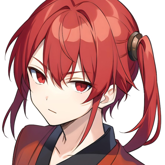 Postać anime chłopiec z czerwonymi włosami, czerwonymi oczami i nosić kimono na białym tle