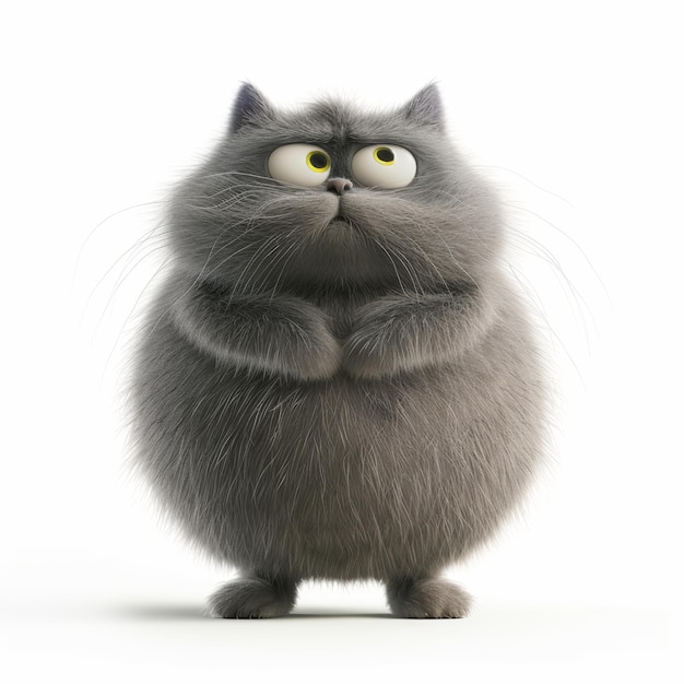 postać grubego, uroczego, puszystego, szarego kota na białym tle, ilustracja 3D