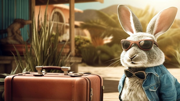 Postać królika w wakacyjnej koszuli i okularach przeciwsłonecznych z generatywną ai walizki