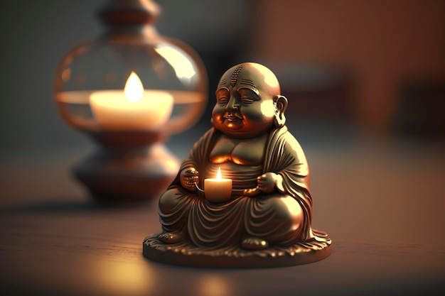 postać lub wizerunek Buddy w złocie lub złocie na drewnianym stole oświetlonym blaskiem świec, obraz zen dla relaksu stworzony przy użyciu technologii Generative AI