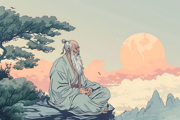 Zdjęcie postać mądrego starego mędrca noszącego szaty i długą brodę medytująca na arkuszu koncepcyjnym