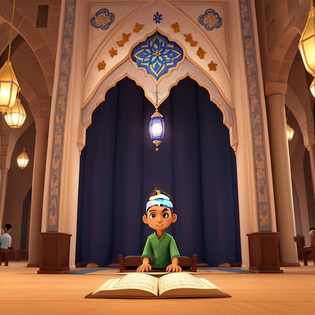 Postać muzułmańskiego chłopca czyta Koran