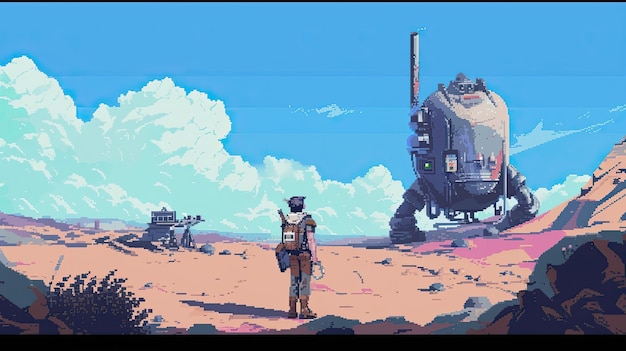 Postać pikselowa wykonuje zadanie Pixel art wasteland style game development design RPG komputer książę królestwo bohater potwór generowany przez AI