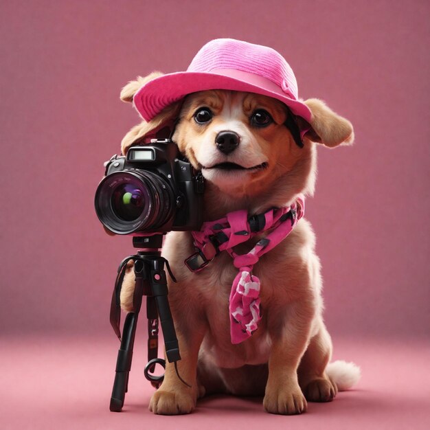 Postać psa w kapeluszu trzymając aparat