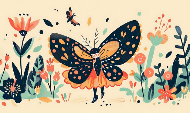 Zdjęcie postać radosnego motyla noszącego sukienkę z kropkami i machającą nią