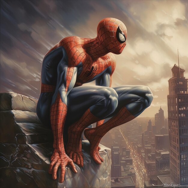 postać Spidermana siedzi na krawędzi przed krajobrazem miasta