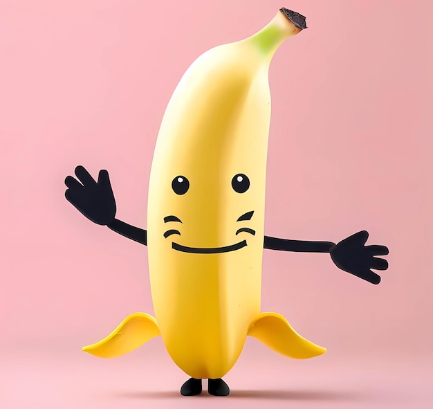 Postać w kształcie banana to portret z rękami i nogami oraz uśmiechniętą twarzą wygenerowany przez ai