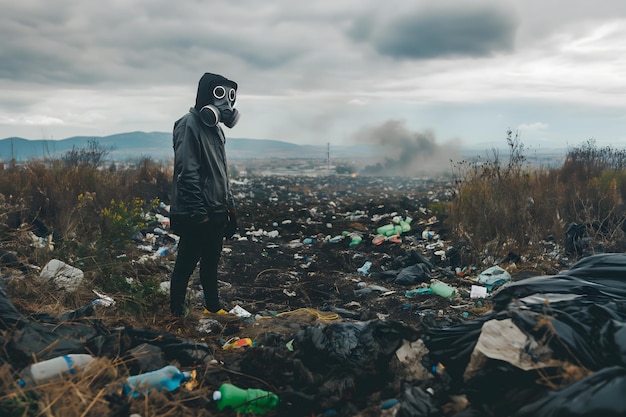 Zdjęcie postać w sprzęcie ochronnym stoi na rozległym składowisku odpadów, wywołując kryzys ekologiczny