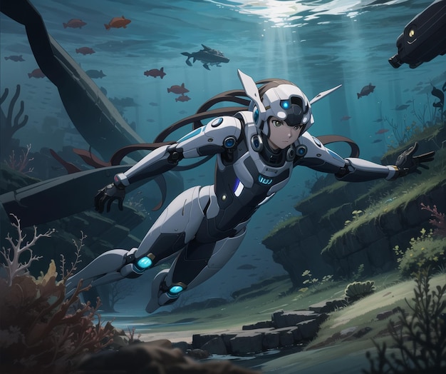 Postać z gry cyborg pływająca pod wodą.