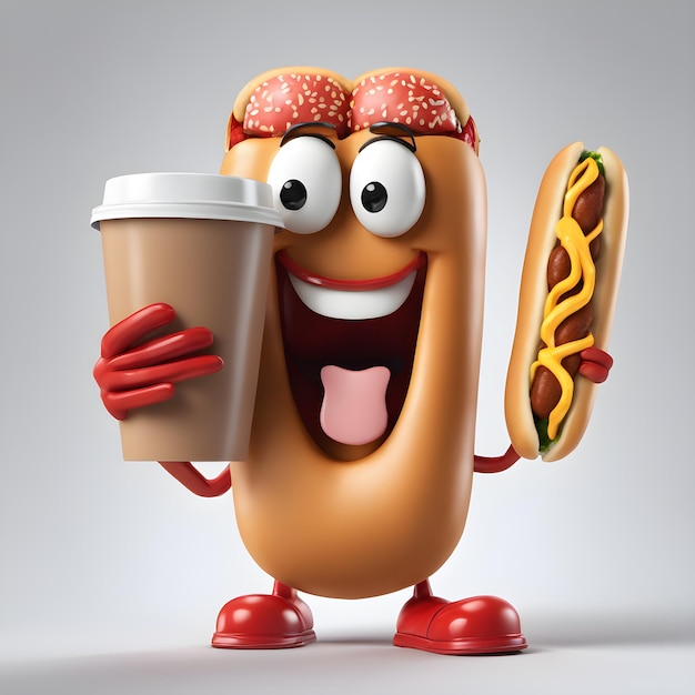 Zdjęcie postać z hotdogami trzymającą kawę w kubku.