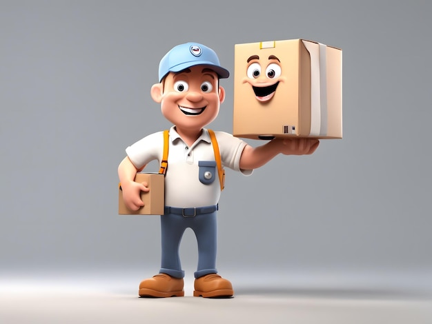 Postać z kreskówki 3D Delivery man holding cardboard box Concept of delivery services