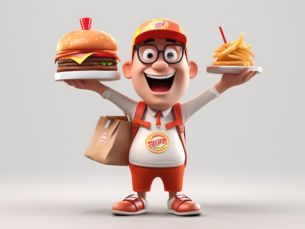 Zdjęcie postać z kreskówki 3d dostawa szybkiej jedzenia na przezroczystym białym tle