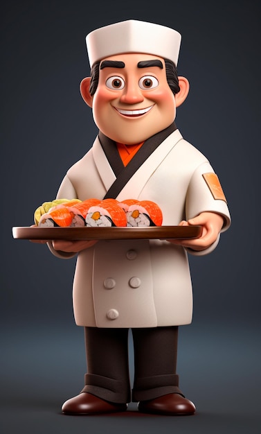 Postać z kreskówki 3D przedstawiająca szefa kuchni sushi