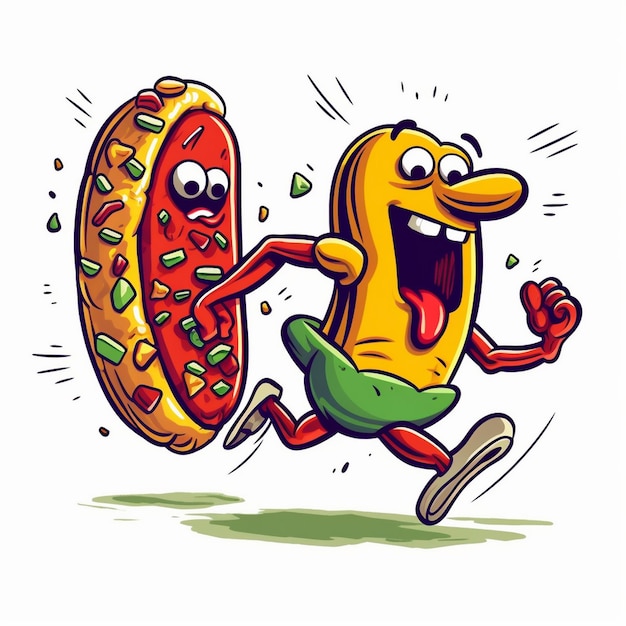 Zdjęcie postać z kreskówki biegnąca z pizzą w ustach.