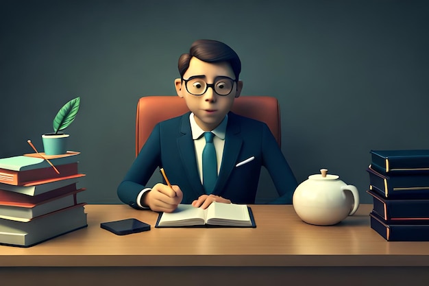 Postać z kreskówki biznesmena wykonującego swoją pracę przy biurku z książkami na stole