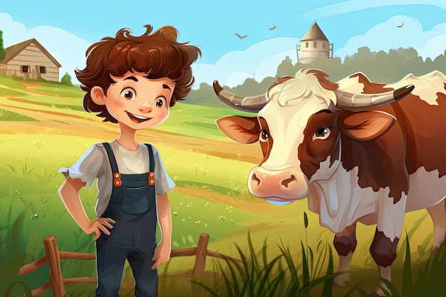 Postać z kreskówki dziecka z pochodzenia z farmy krowiej