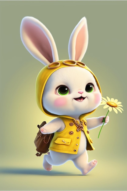 Postać z kreskówki przebrana za króliczka z żółtą kurtką i generatywnym ai kwiatów