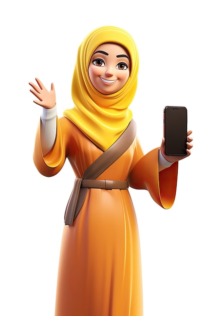 Postać z kreskówki przedstawiająca kobietę machającą telefonem i uśmiechającą się.