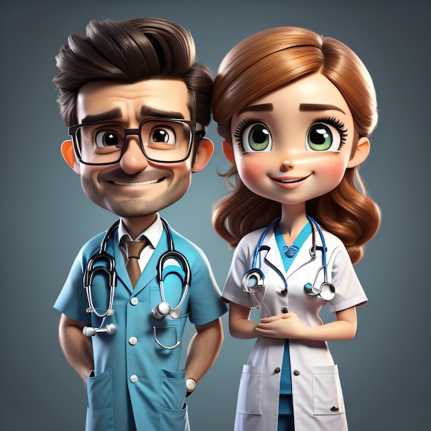 Postać z kreskówki przedstawiająca lekarza i kobietę ze stetoskopami.