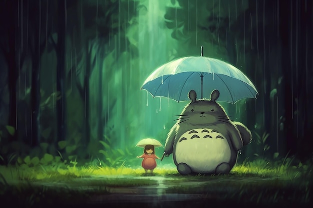 Postać z kreskówki trzyma parasol w deszczu z totoro i totoro.