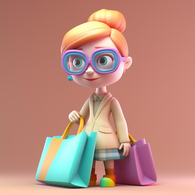 Postać z kreskówki trzymająca torby na zakupy i nosząca okulary.