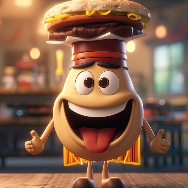 Zdjęcie postać z kreskówki w kapeluszu z napisem fast food.