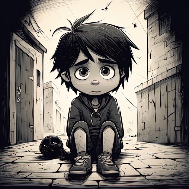 postać z kreskówki z czarnym tłem i czarno-białym obrazem chłopca z dynią w środku