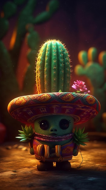 Postać z kreskówki z kaktusem na głowie