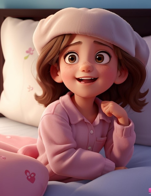 postać z kreskówki z kapeluszem i różową koszulką.