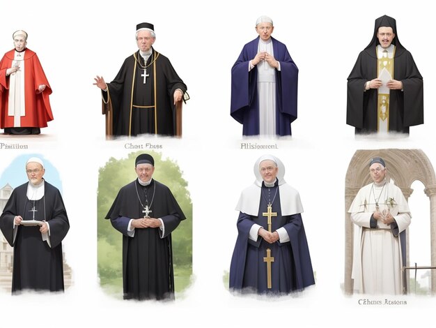 Zdjęcie postacie kościoła katolickiego religia chrześcijańska przywódcy kościoła w różnych ubraniach katolicyzm