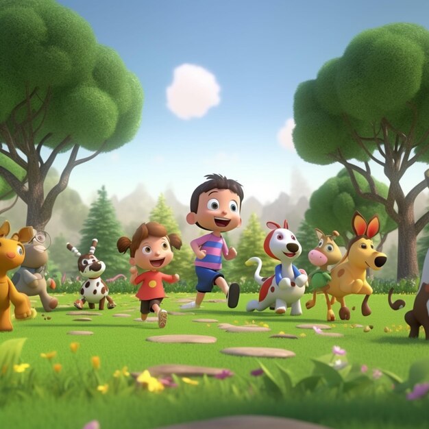 Zdjęcie postacie z kreskówek biegające w parku z drzewami i kwiatami generatywnej ai