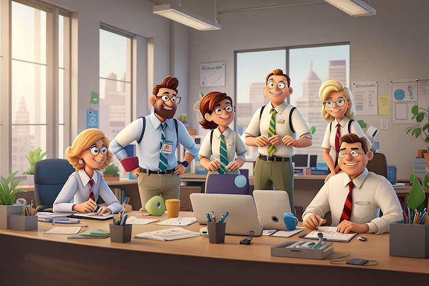 Postacie z kreskówek pracujące razem w biurze koncepcja pracy zespołowej