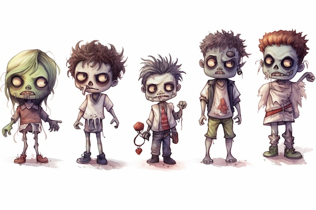 Postacie zombie z kreskówek stoją w kolejce z rękami w kieszeni.