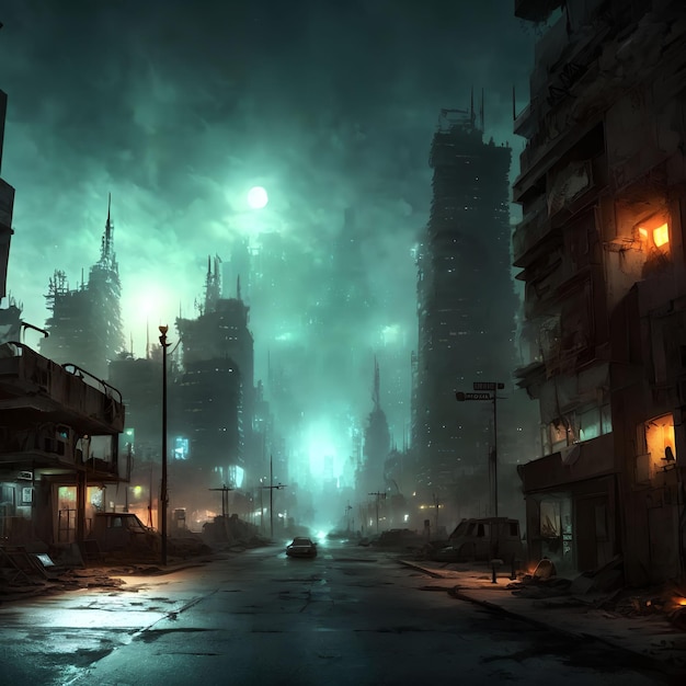 Postapokaliptyczne miasto nocą, grafika generatywna autorstwa AI