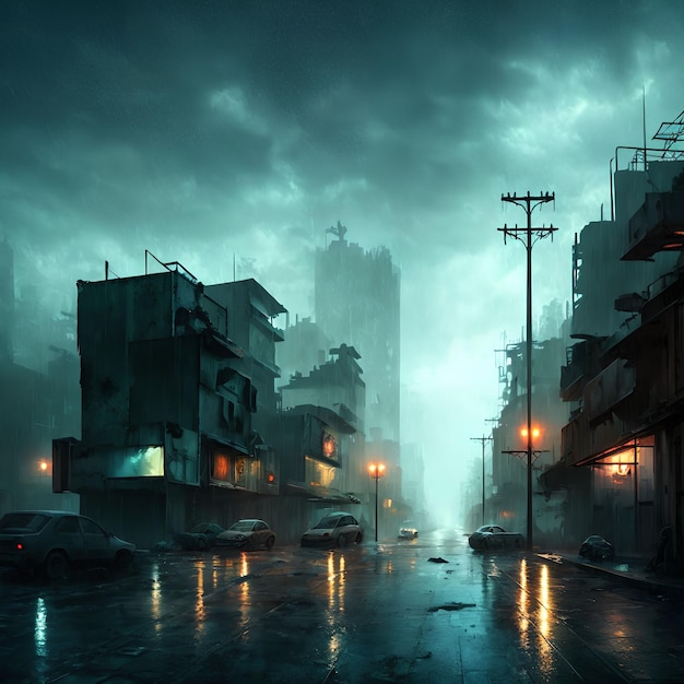 Postapokaliptyczne miasto w deszczowej nocy generatywne grafiki autorstwa AI