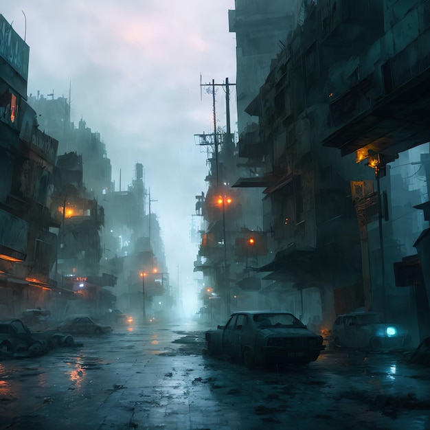 Postapokaliptyczne miasto w deszczowej nocy generatywne grafiki autorstwa AI